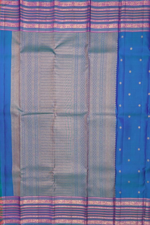Kanchipuram Silk Saree In Peacock Blue With Floral Buttas