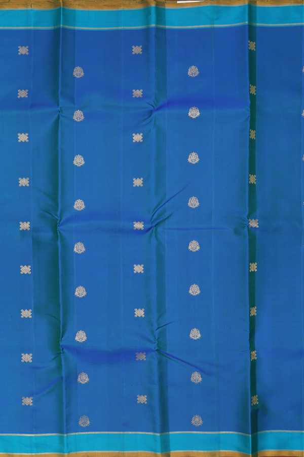 Kanchipuram Silk Saree In Peacock Blue With Floral Buttas
