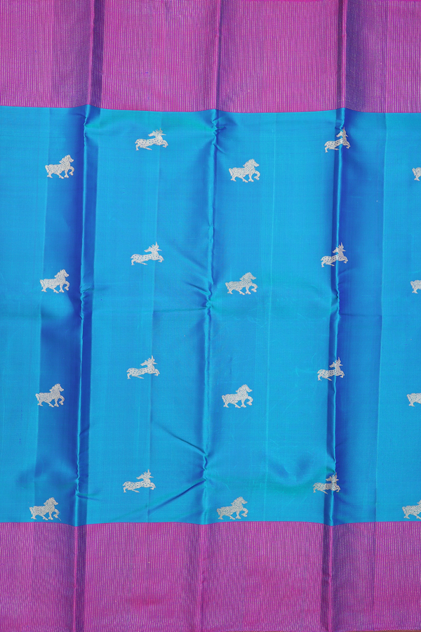 Kanchipuram Silk Saree In Peacock Blue With Horse Buttas