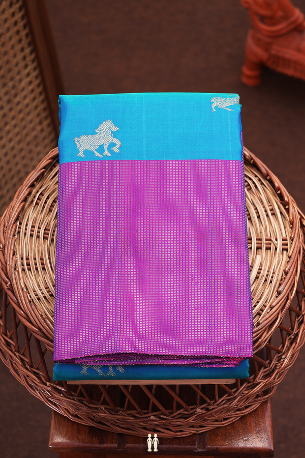 Kanchipuram Silk Saree In Peacock Blue With Horse Buttas