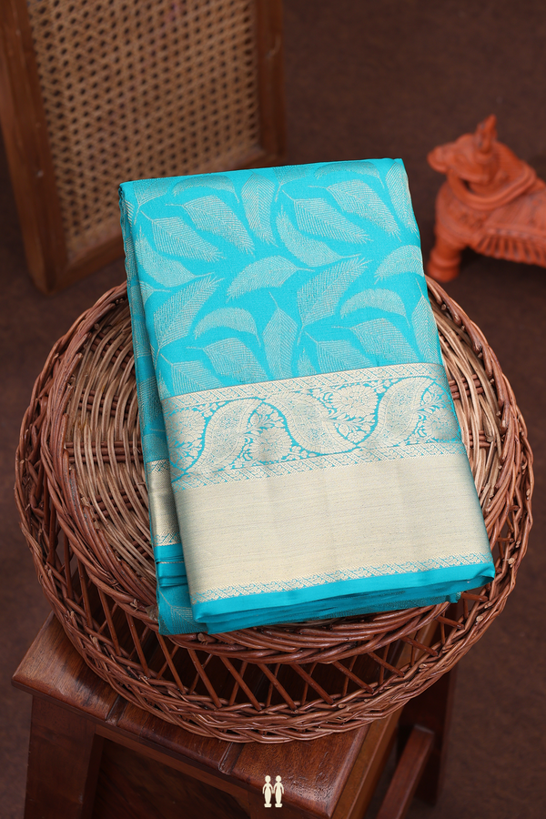 Kanchipuram Silk Saree In Peacock Blue With Leaf Design