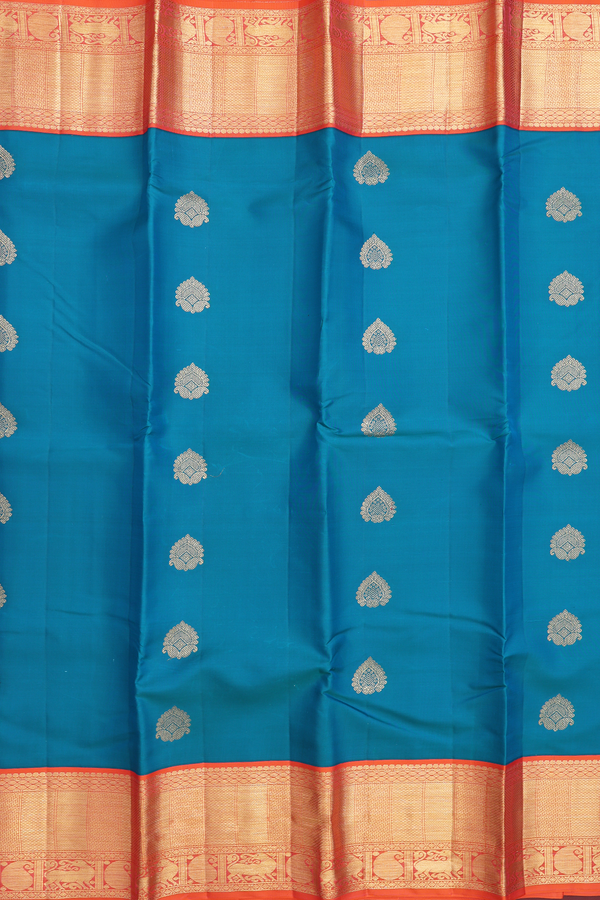 Kanchipuram Silk Saree In Peacock Blue With Paisley Buttas