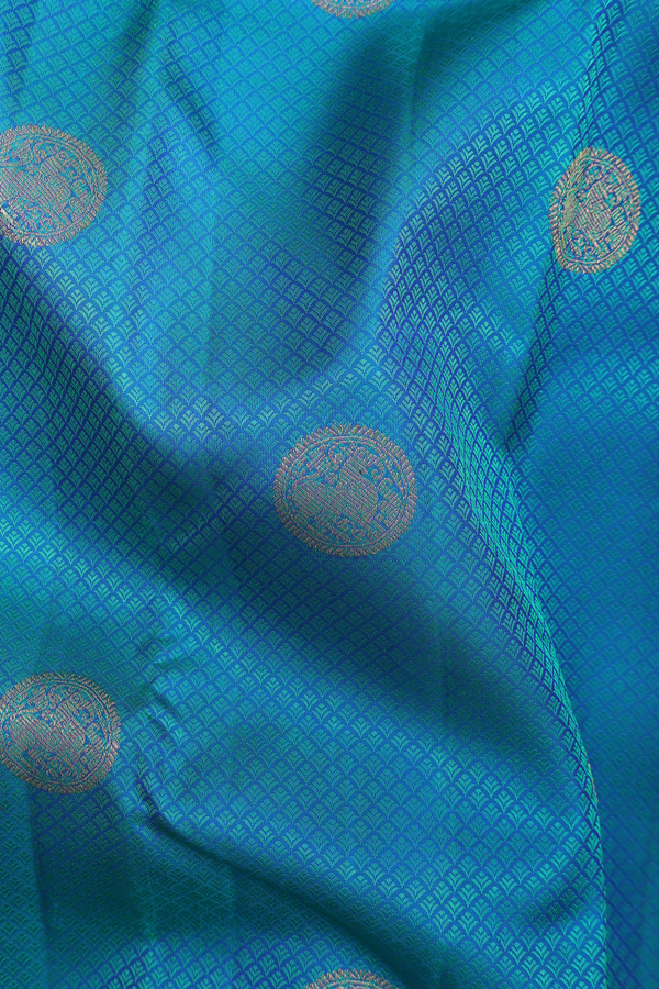 Kanchipuram Silk Saree In Peacock Blue With Threadwork Design