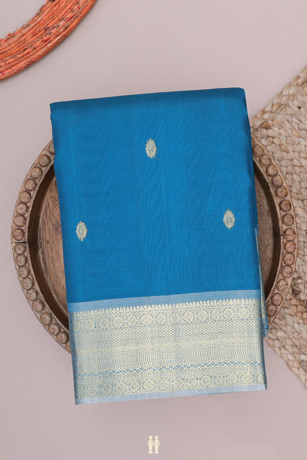 Kanchipuram Silk Saree In Peacock Blue With Zari Buttas