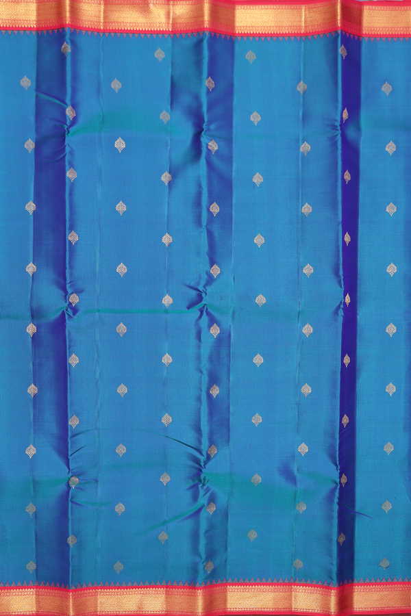 Kanchipuram Silk Saree In Peacock Blue With Zari Buttas