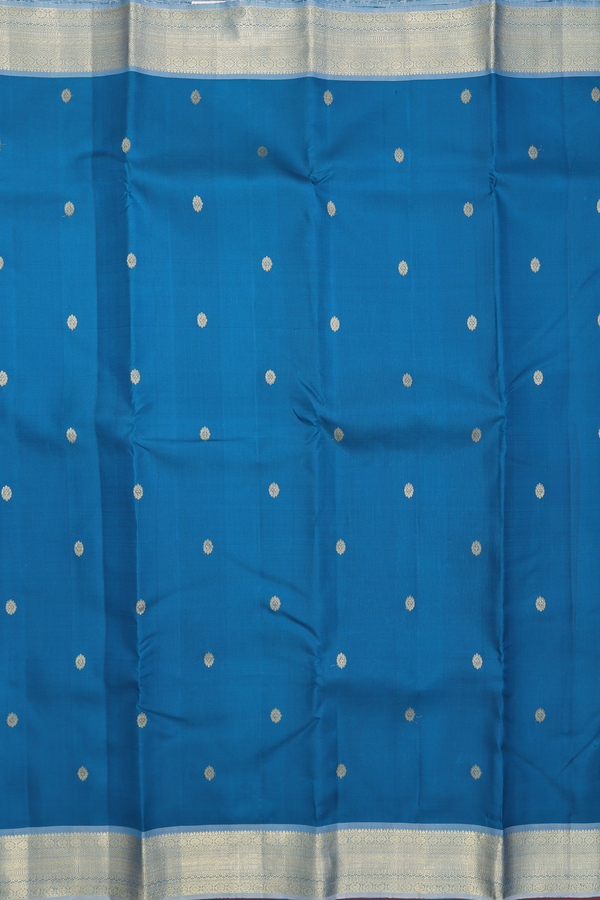 Kanchipuram Silk Saree In Peacock Blue With Zari Buttas