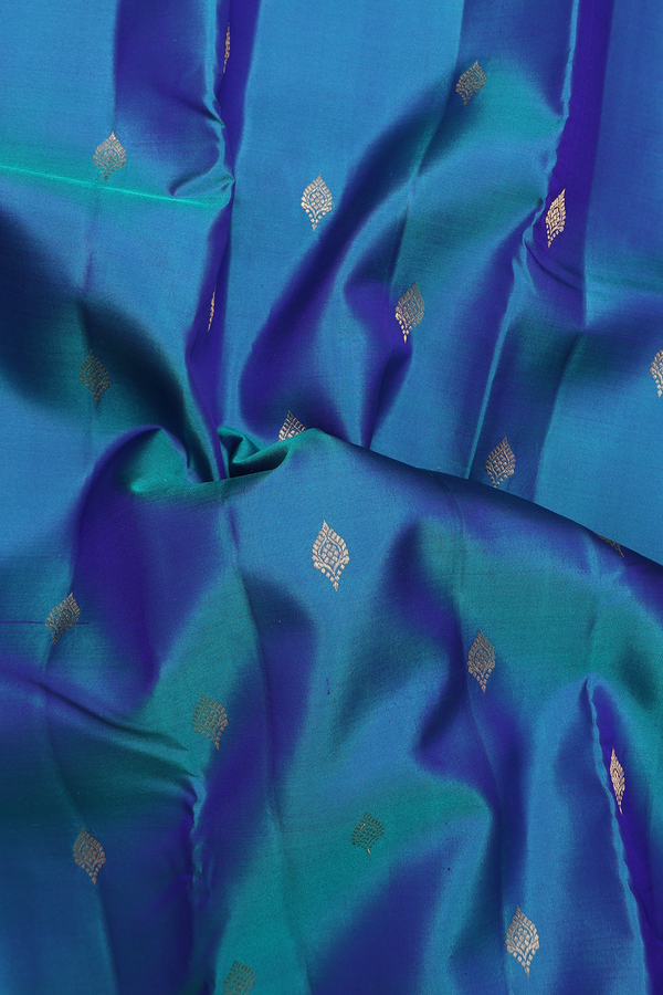 Kanchipuram Silk Saree In Peacock Blue With Zari Buttas