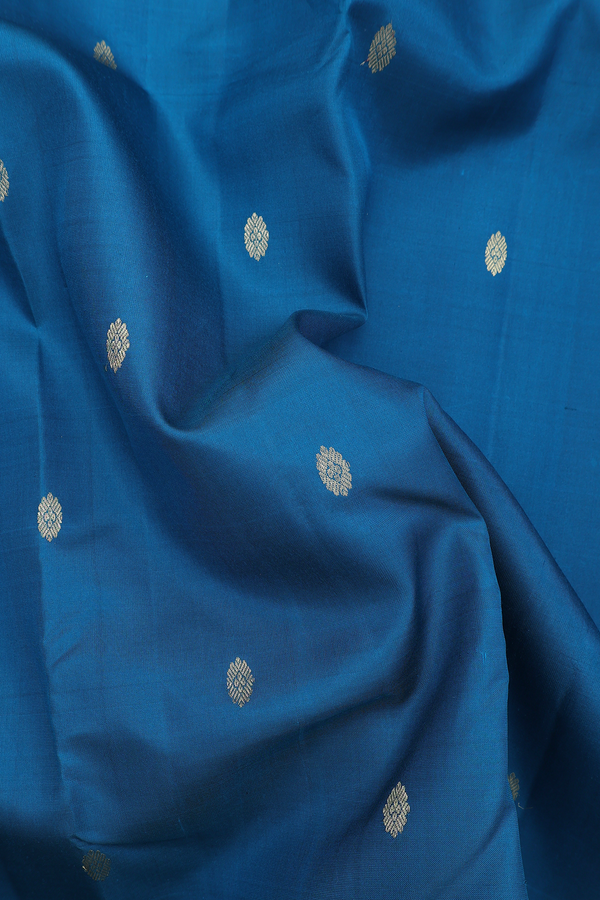 Kanchipuram Silk Saree In Peacock Blue With Zari Buttas
