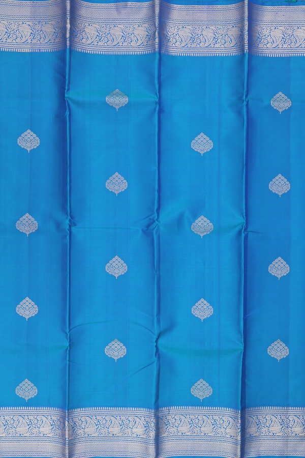 Kanchipuram Silk Saree In Peacock Blue With Zari Motifs
