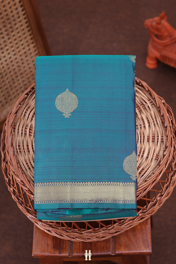 Kanchipuram Silk Saree In Peacock Green With Zari Buttas