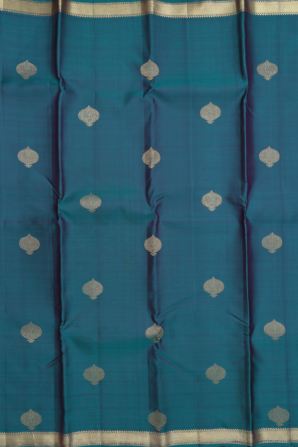 Kanchipuram Silk Saree In Peacock Green With Zari Buttas