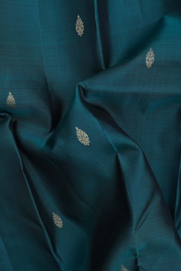 Kanchipuram Silk Saree In Peacock Green With Zari Buttas