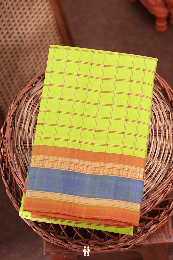 Kanchipuram Silk Saree In Lime Green With Checks Design