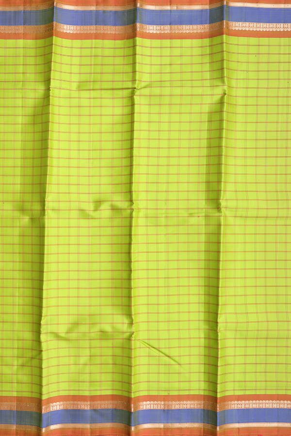 Kanchipuram Silk Saree In Lime Green With Checks Design