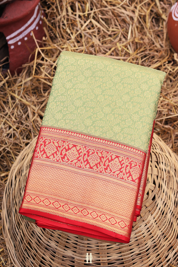 Kanchipuram Silk Saree In Pear Green With Floral Design