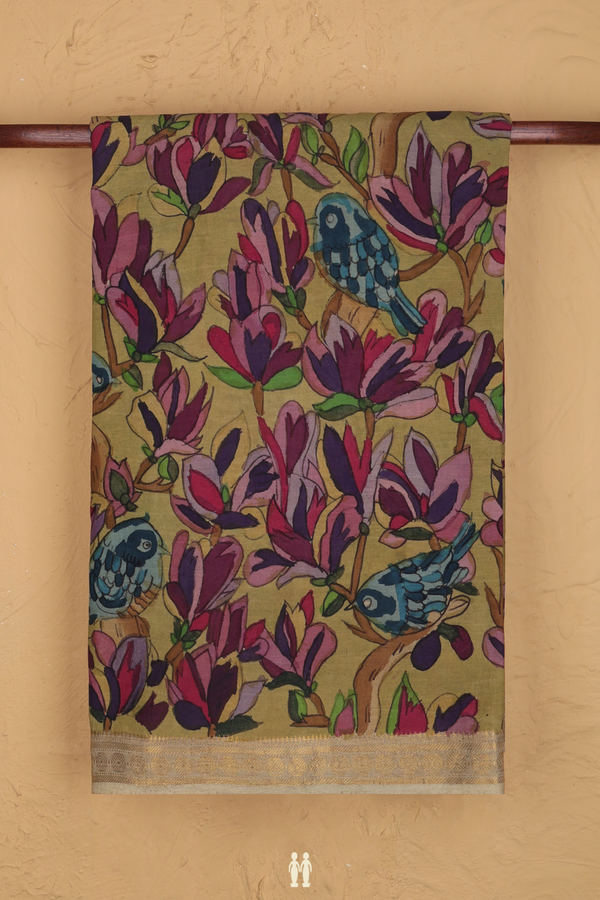 Kanchipuram Silk Saree In Pear Green With Floral Hand Painte