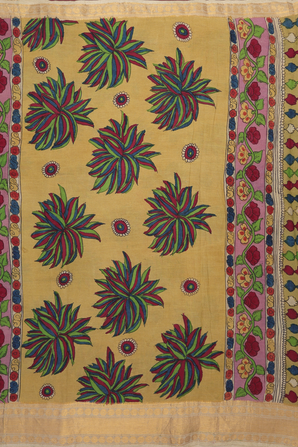 Kanchipuram Silk Saree In Pear Green With Floral Hand Painted