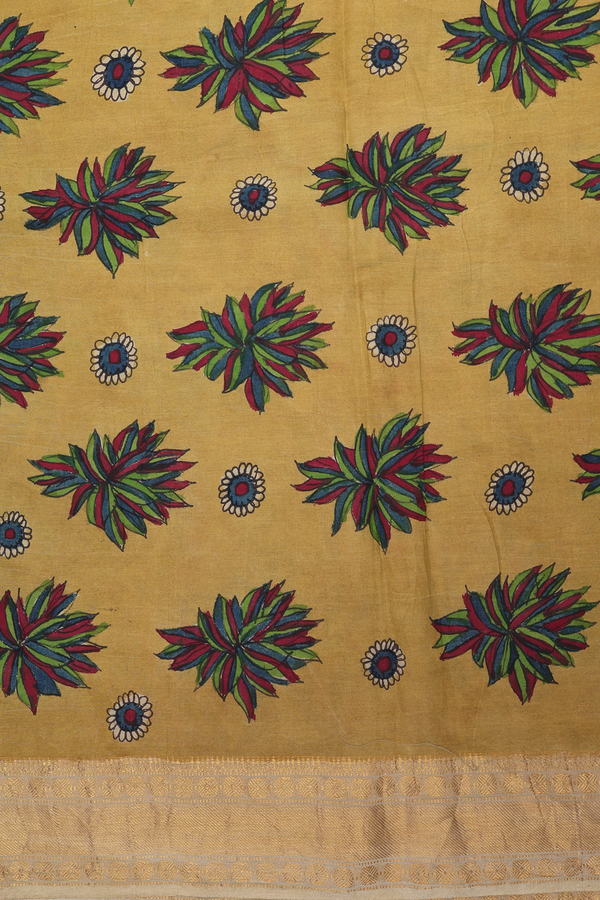 Kanchipuram Silk Saree In Pear Green With Floral Hand Painted