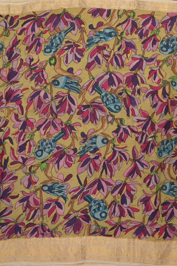 Kanchipuram Silk Saree In Pear Green With Floral Hand Painted