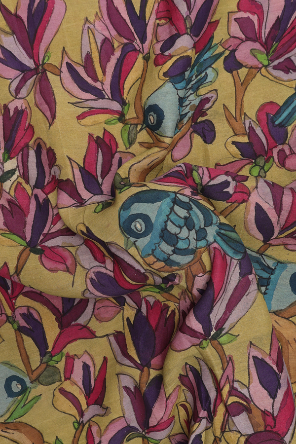 Kanchipuram Silk Saree In Pear Green With Floral Hand Painte