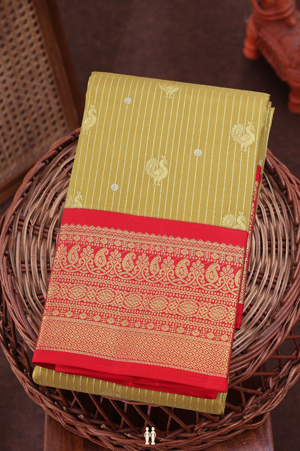 Kanchipuram Silk Saree In Pear Green With Stripes Design