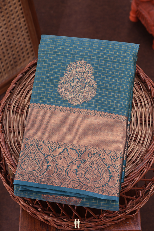 Kanchipuram Silk Saree In Pine Green Along Checks With Buttas
