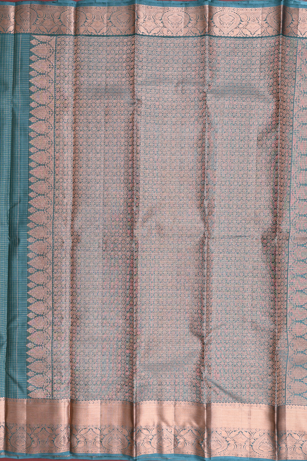 Kanchipuram Silk Saree In Pine Green Along Checks With Buttas