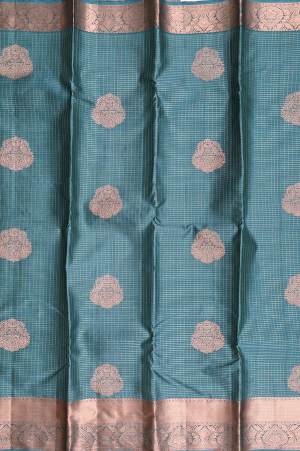 Kanchipuram Silk Saree In Pine Green Along Checks With Buttas