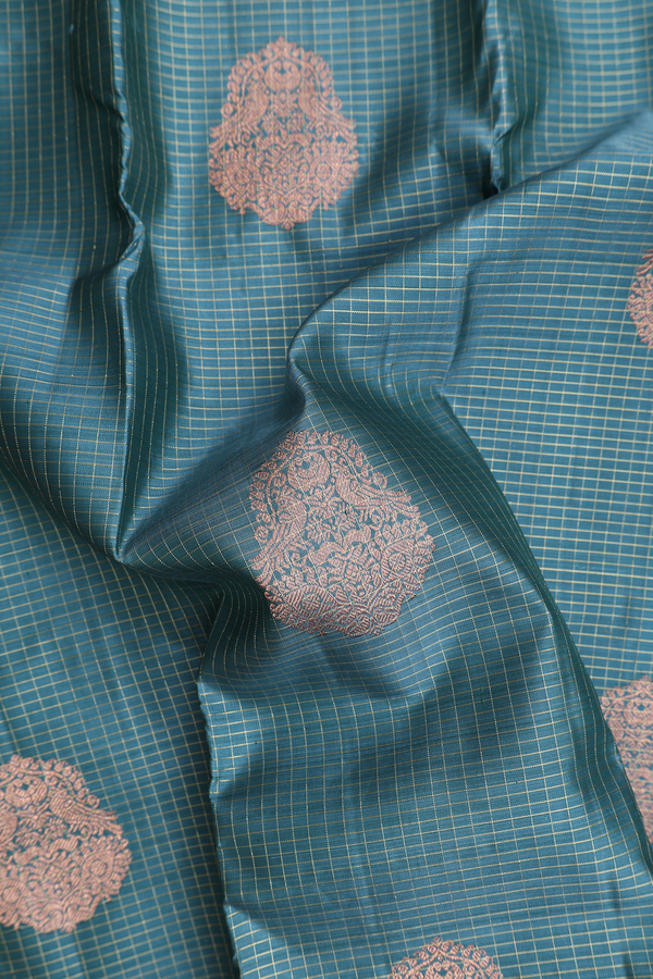 Kanchipuram Silk Saree In Pine Green Along Checks With Buttas