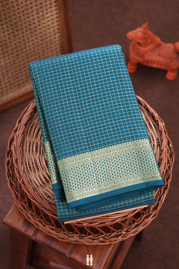 Kanchipuram Silk Saree In Pine Green With Checks Design
