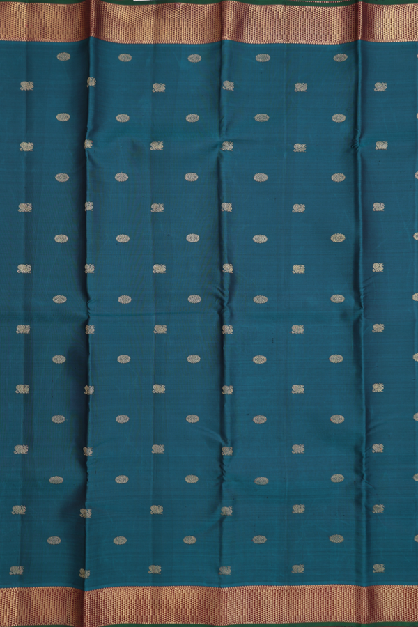 Kanchipuram Silk Saree In Pine Green With Peacock Buttas
