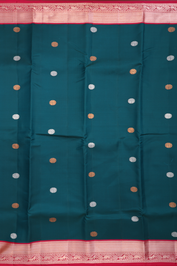 Kanchipuram Silk Saree In Pine Green With Zari Buttas