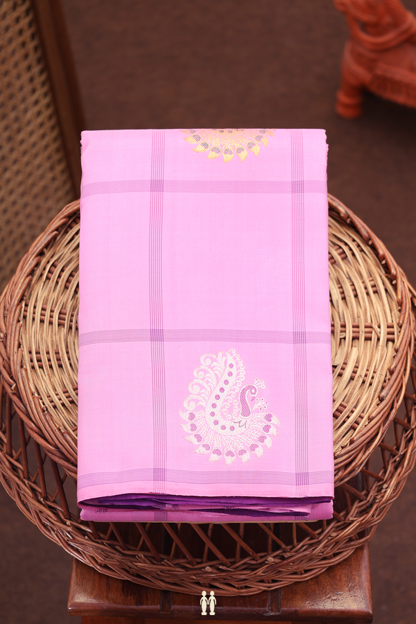Kanchipuram Silk Saree In Pink Along Checks With Motifs