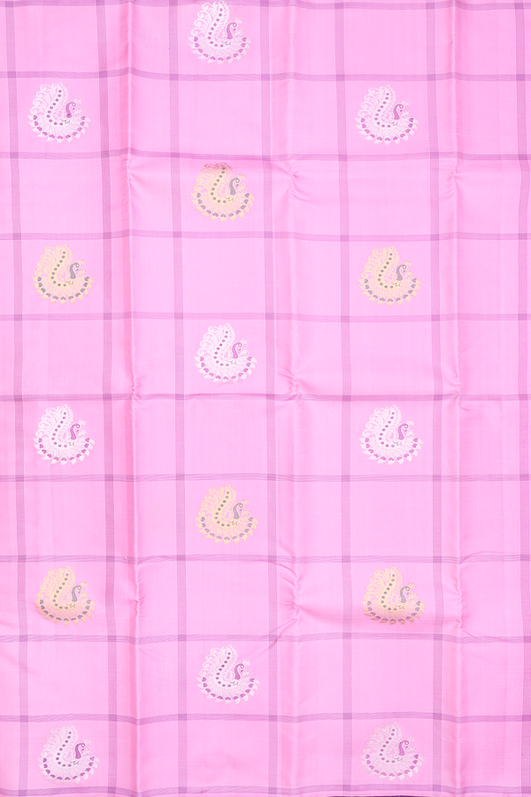 Kanchipuram Silk Saree In Pink Along Checks With Motifs
