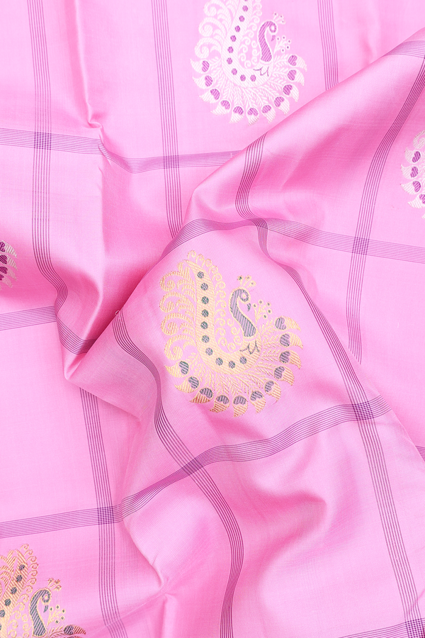Kanchipuram Silk Saree In Pink Along Checks With Motifs