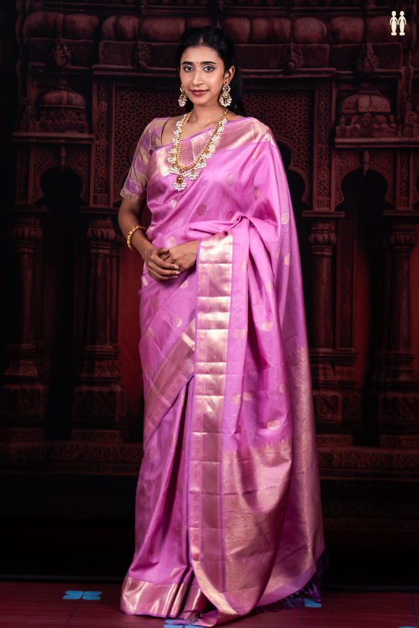Kanchipuram Silk Saree In Pink Along Stripes With Buttas
