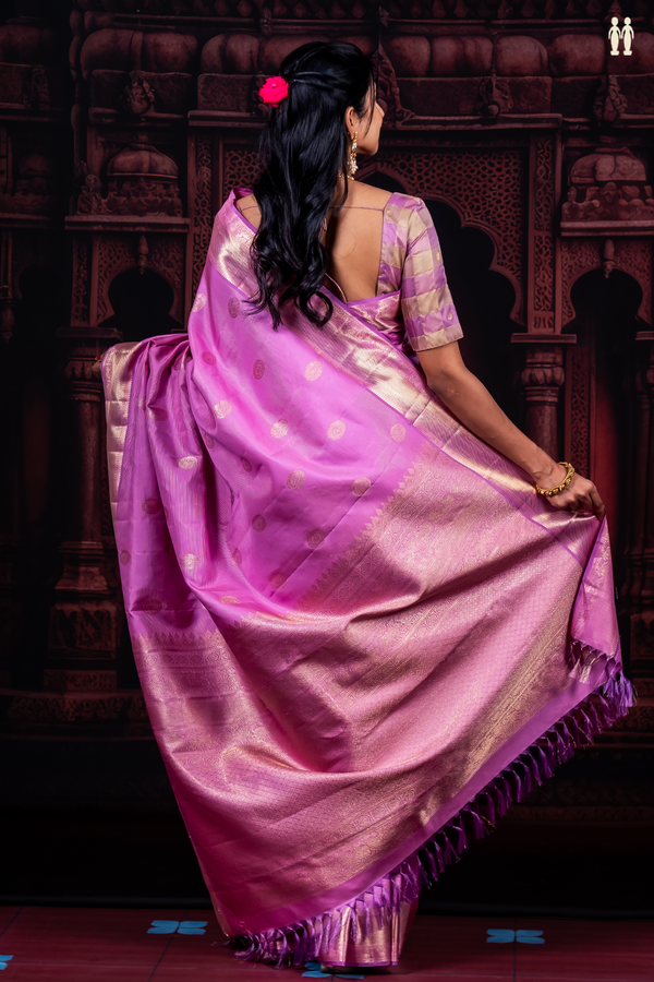 Kanchipuram Silk Saree In Pink Along Stripes With Buttas