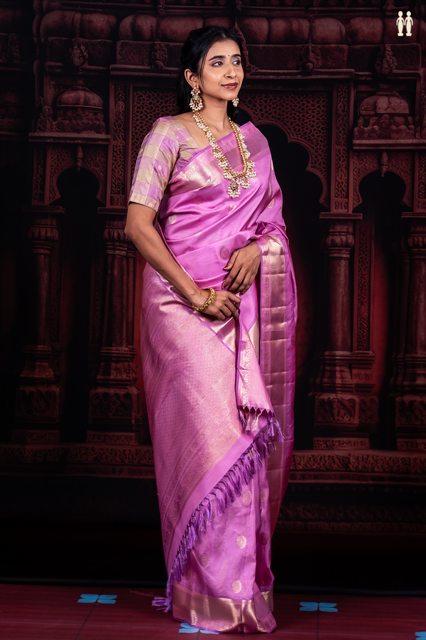 Kanchipuram Silk Saree In Pink Along Stripes With Buttas