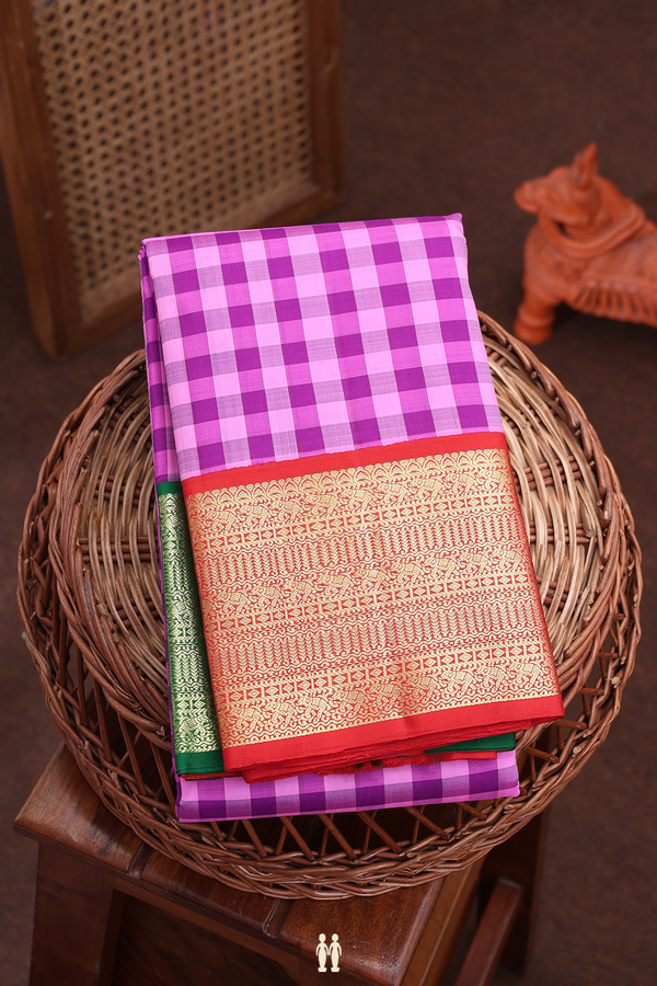 Kanchipuram Silk Saree In Pink And Purple With Checks Design