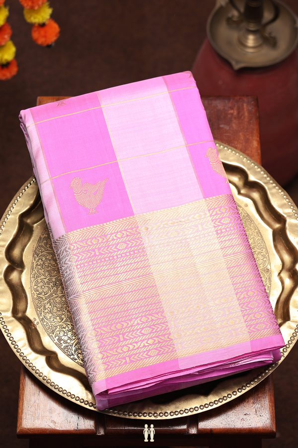 Kanchipuram Silk Saree In Pink With Checks Along Buttas
