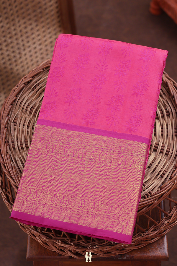 Kanchipuram Silk Saree In Pink With Floral Threadwork Design