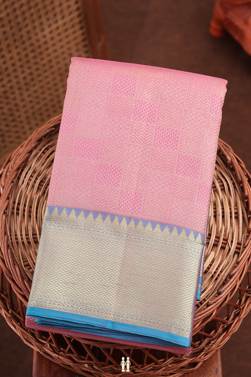 Kanchipuram Silk Saree In Pink With Geometric Design