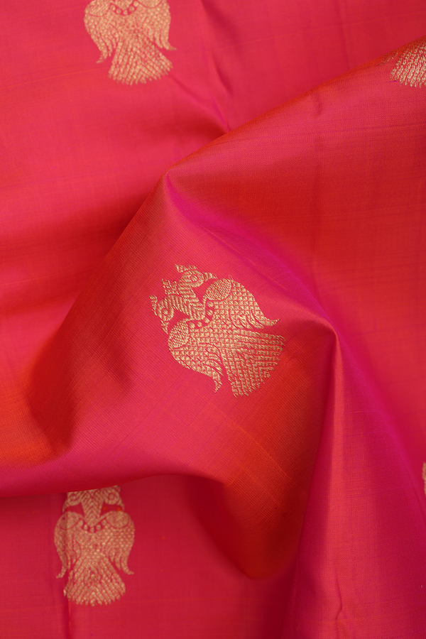 Kanchipuram Silk Saree In Pink With Iruthalai Pakshi Buttas