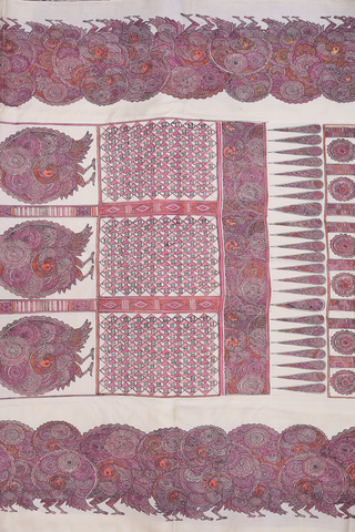 Kanchipuram Silk Saree In Pink With Kalamkari Border