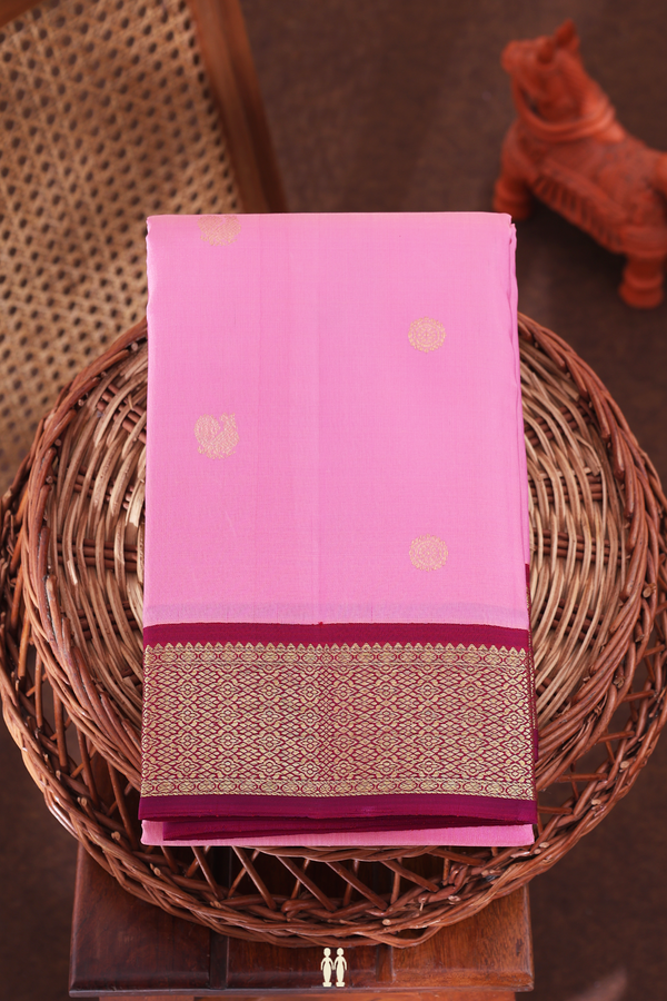 Kanchipuram Silk Saree In Pink With Peacock Buttas
