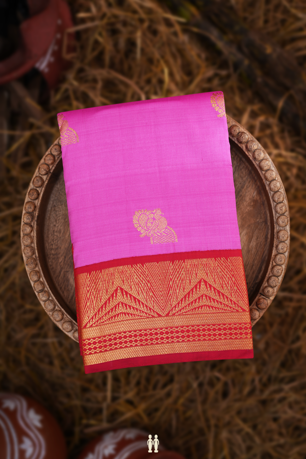 Kanchipuram Silk Saree In Pink With Peacock Buttas