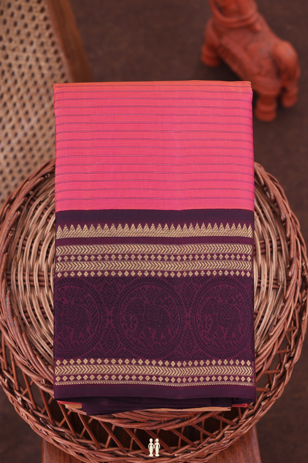 Kanchipuram Silk Saree In Pink With Stripes Design