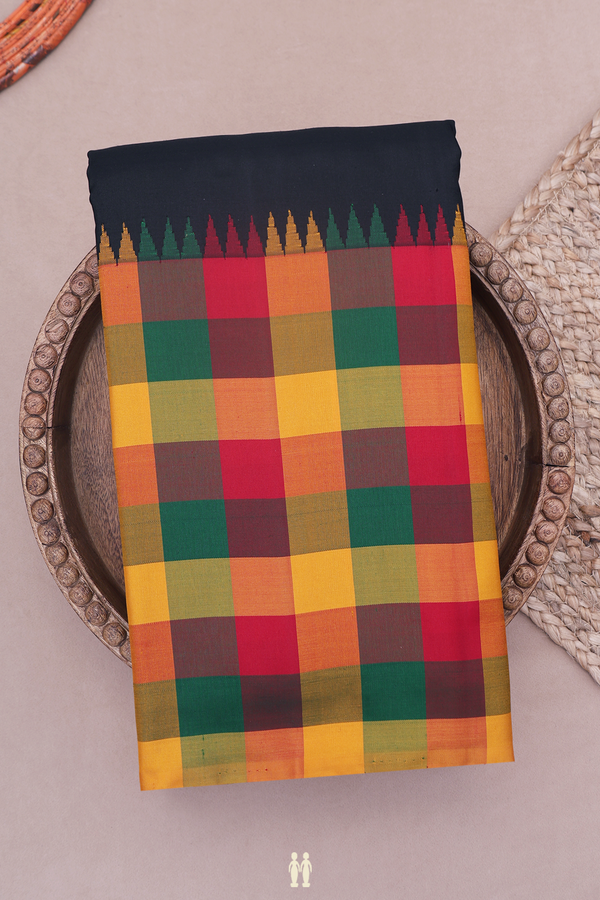 Kanchipuram Silk Saree In Plain Black With Checked Border
