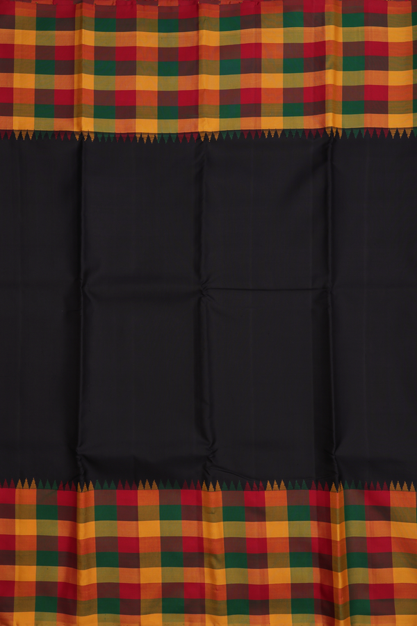 Kanchipuram Silk Saree In Plain Black With Checked Border