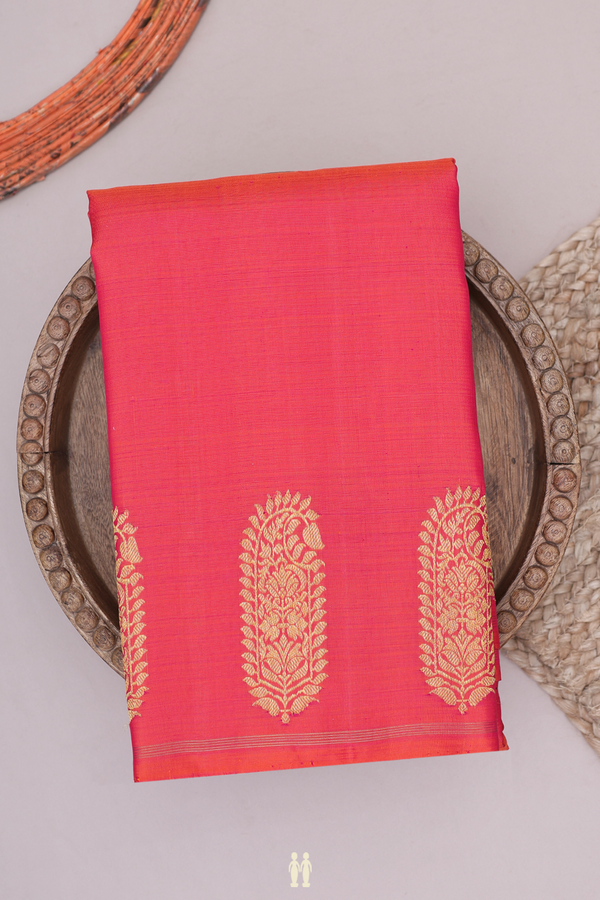 Kanchipuram Silk Saree In Plain Coral Pink With Floral Border